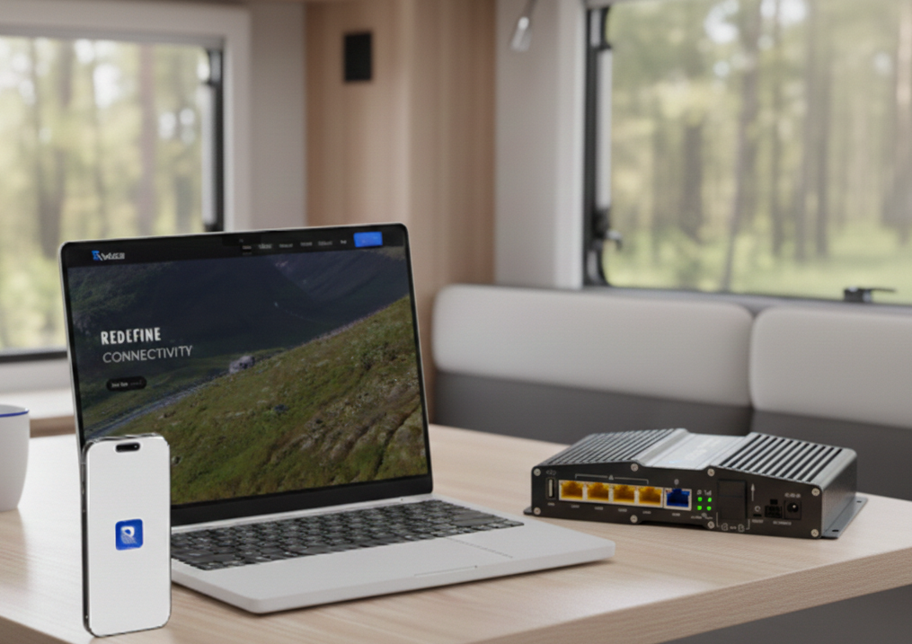 Routica product image showing a laptop and smartphone with outdoor scenes